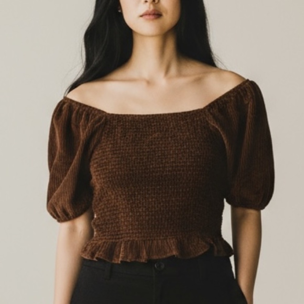 NEW American Eagle Brown Velvet Textured Off-Shoulder Top Size XS